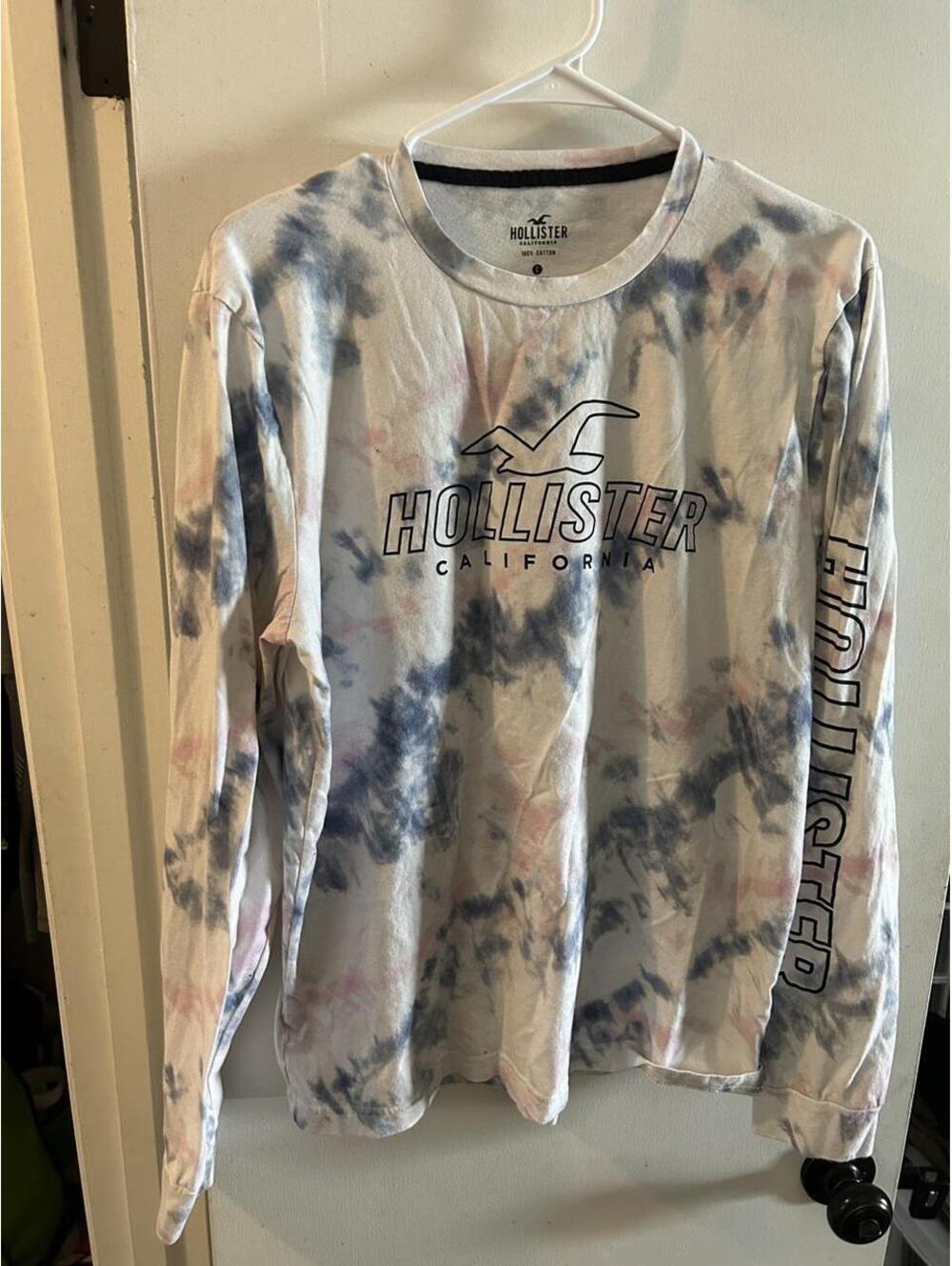 Hollister Co. long sleeve tie-dye cotton shirt in blue, pink, and white size L